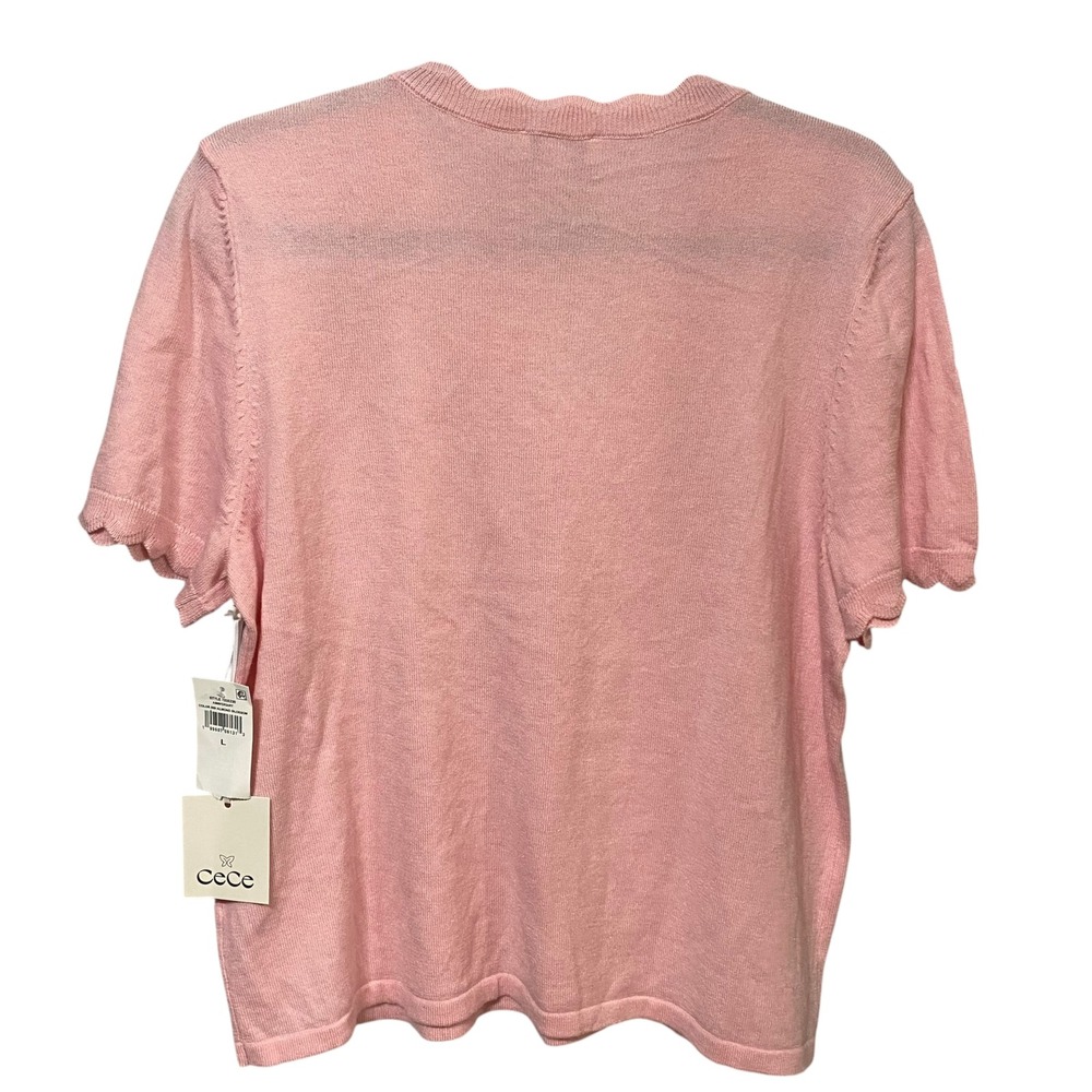 Cece Womens Scallop Trim Short Sleeve Knit Sweater Top Pink Almond Blossom L - Picture 3 of 7